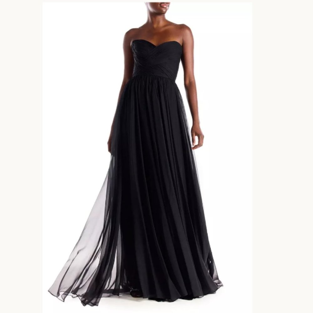 🖤 Monique Lhuillier Black Strapless Chiffon Bridesmaid Floor-length Gown Dress